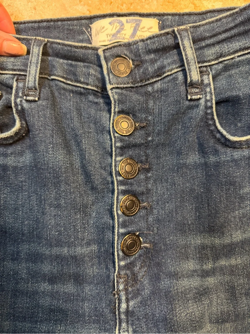 Free People Dark Blue High-Rise Distressed Button-Fly Skinny Jeans